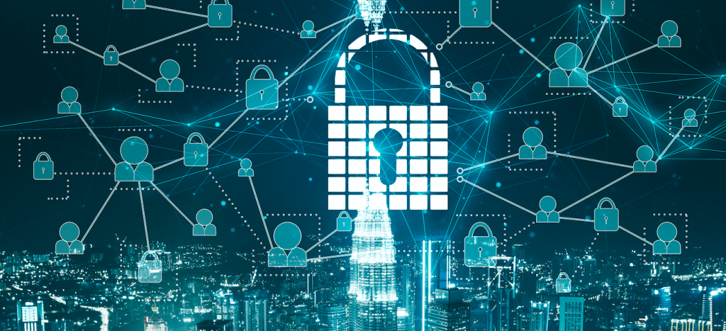Image of a large padlock in the middle of a network of people and padlocks, on a background of a city skyline with a blue filter