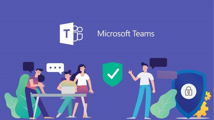 Microsoft Teams illustration with office workers sitting and using IT services