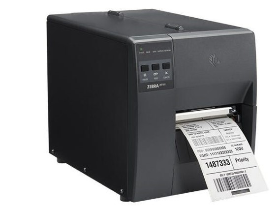 Zebra zt111 label printer with label coming out from the front