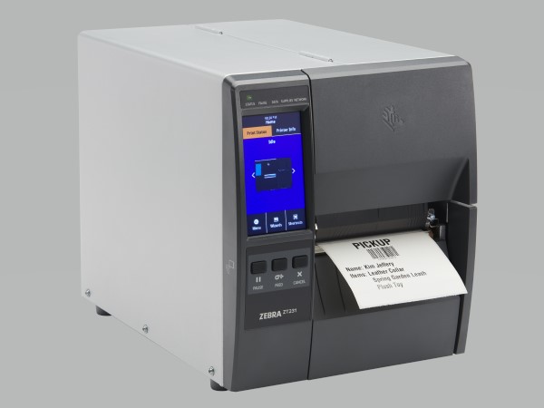 Zebra ZT231 printer front side with label