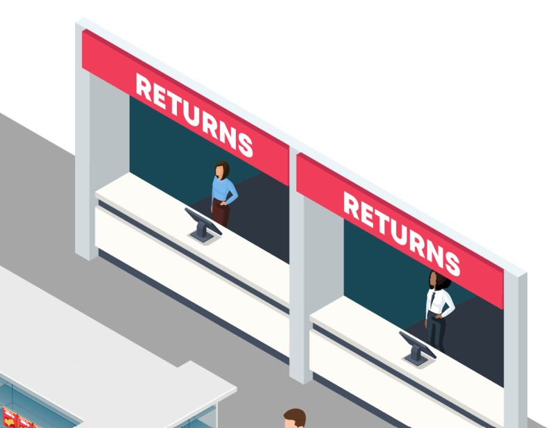 Illustration of returns process in a retail store with a returns counter to return bought items.