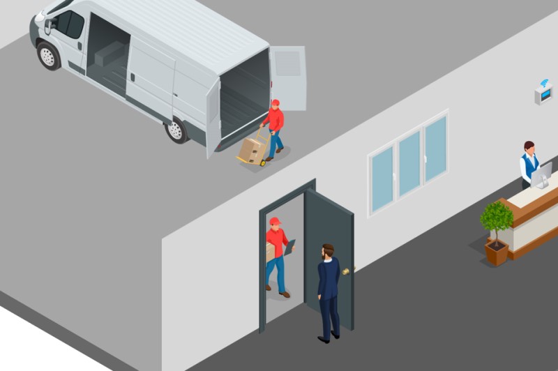 Illustration of delivery guy making a delivery to an office and getting a prooof of delivery on a mobile scanner